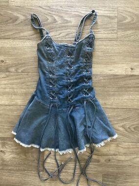 Denim Lace-Up Skater Dress with Frayed Hem